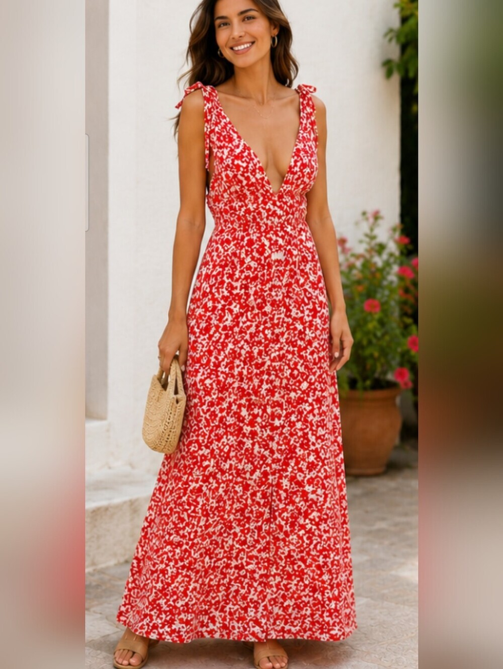 ASOS Red Floral Tie Strap Plunge Maxi Dress NWT Size 12